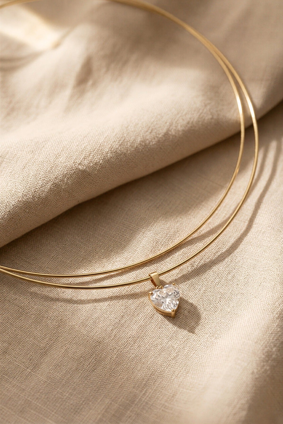 Ines Waterproof CZ Pendant Wire Choker Necklace close-up detail – 18K gold PVD over stainless steel