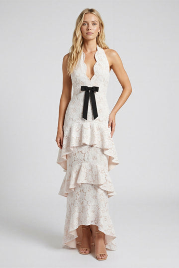 Josephine Lace Halter Tiered Maxi Dress front view - Akalia