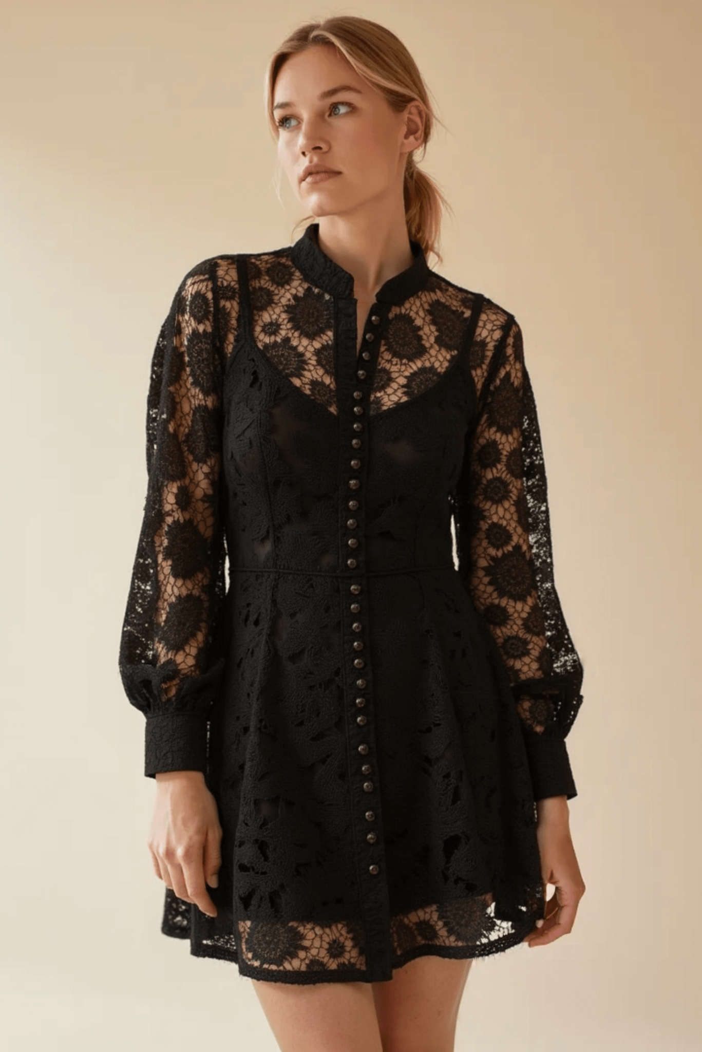 Liane Long Sleeve Mini Lace Dress (Black) - Akalia