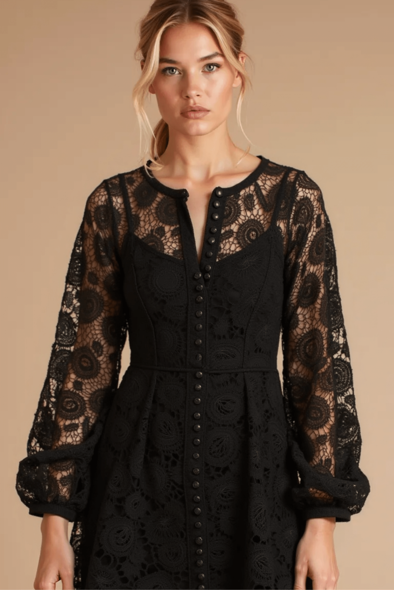 Liane Long Sleeve Mini Lace Dress (Black) - Akalia