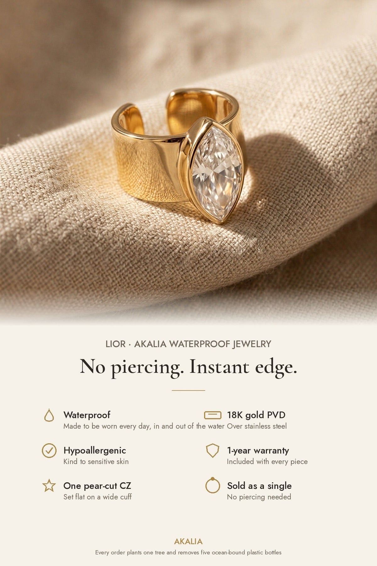 Lior Waterproof Pear CZ Ear Cuff - Akalia