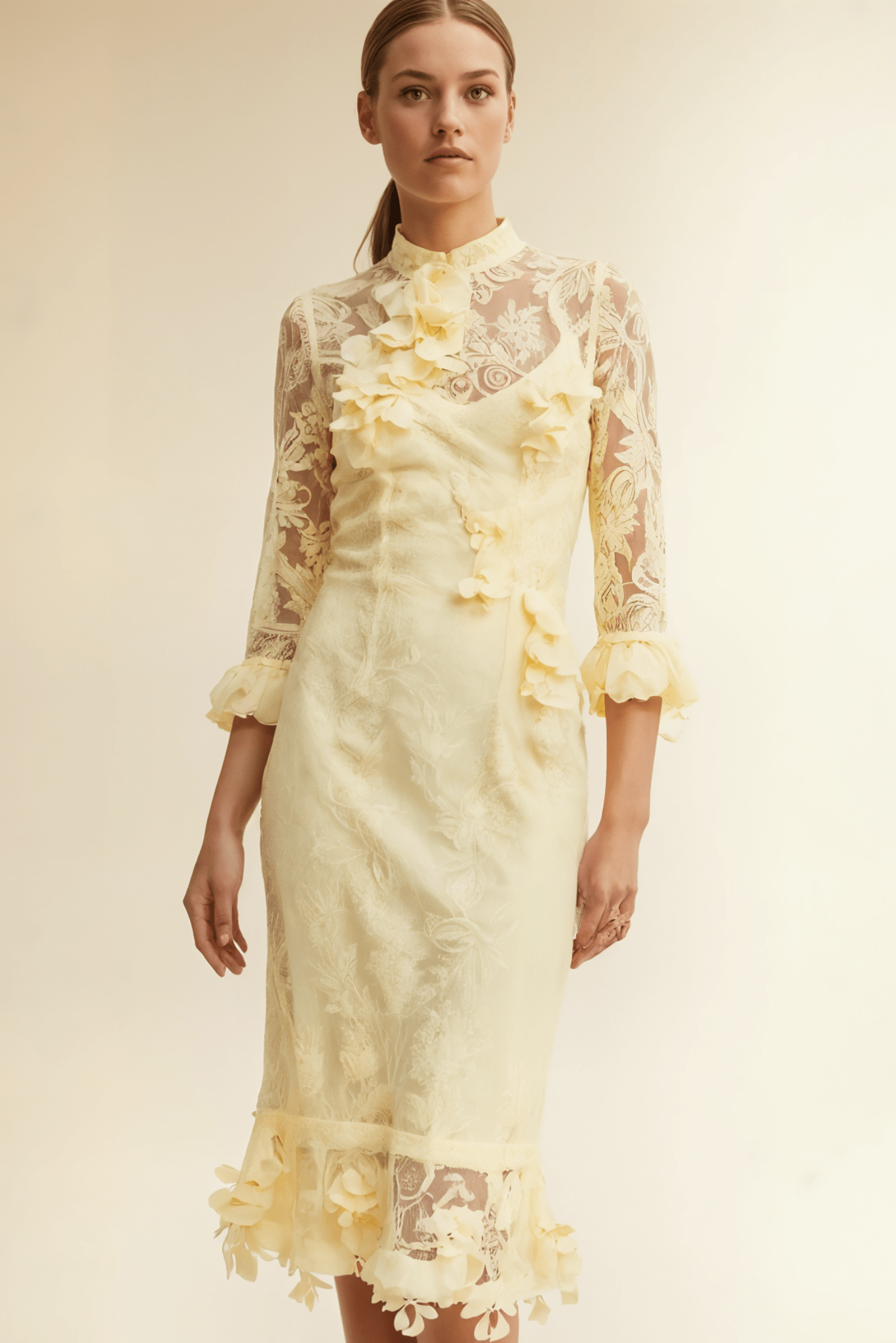 Lipsy Long Sleeves Lace Midi Dress (Yellow) - Akalia