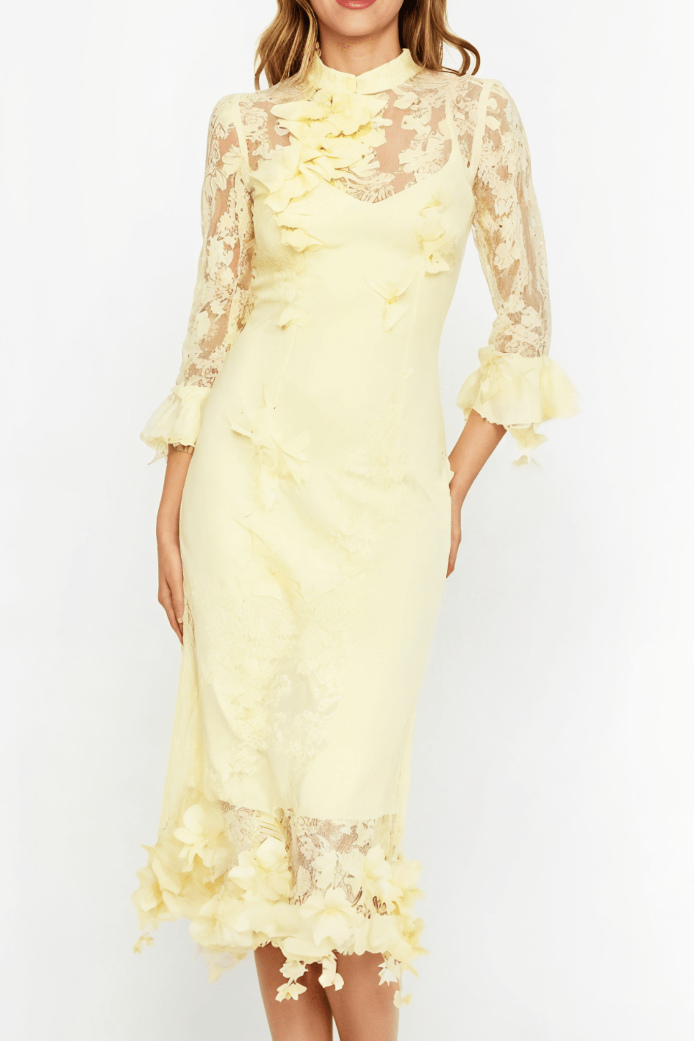 Lipsy Long Sleeves Lace Midi Dress (Yellow) - Akalia