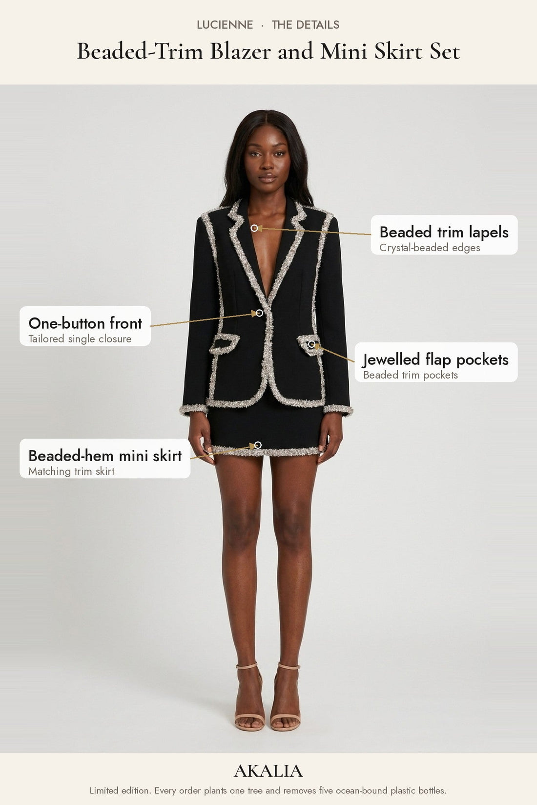Lucienne Beaded-Trim Blazer and Mini Skirt Set - Akalia