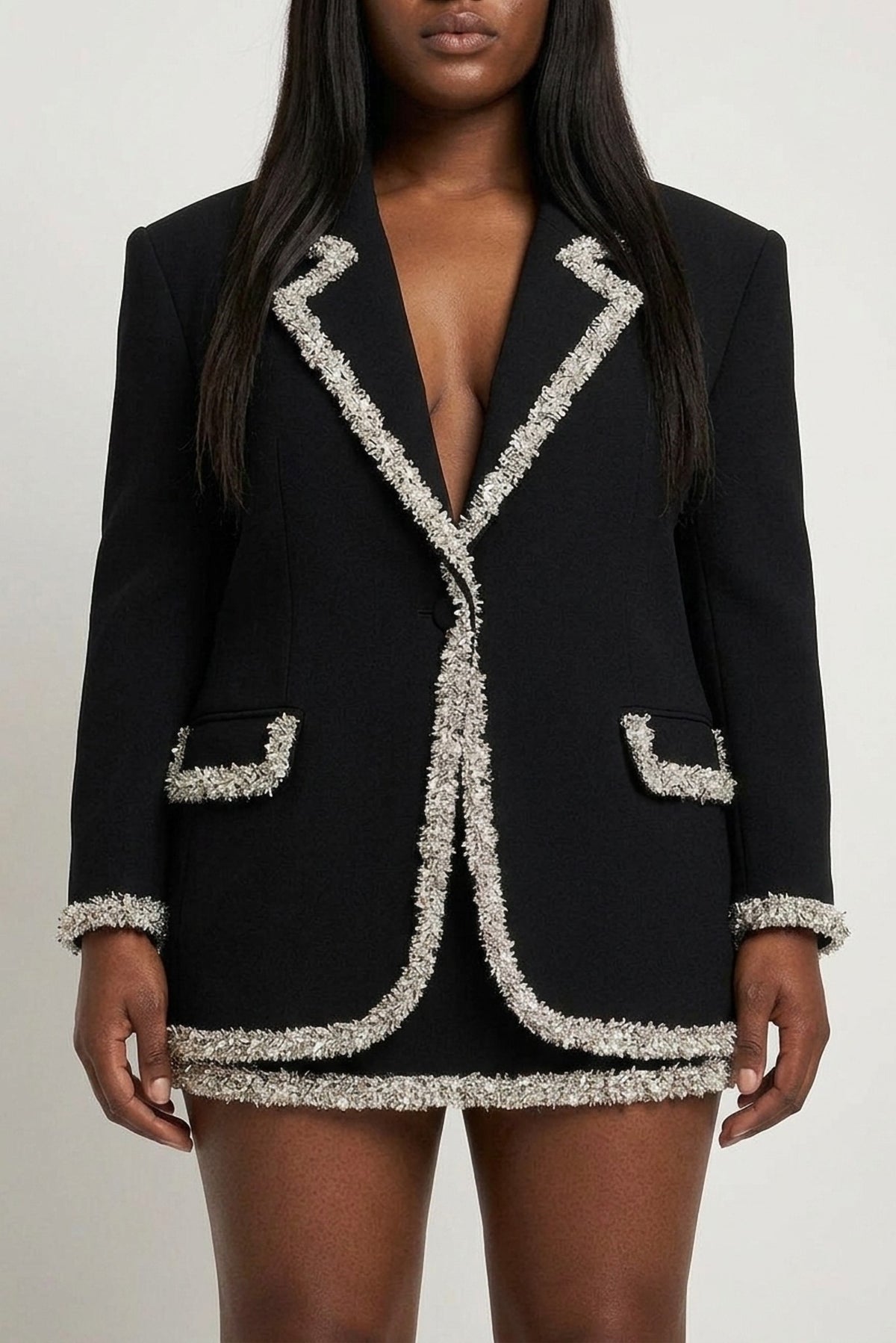 Lucienne Beaded-Trim Blazer and Mini Skirt Set close-up of the beaded-hem mini skirt - Akalia