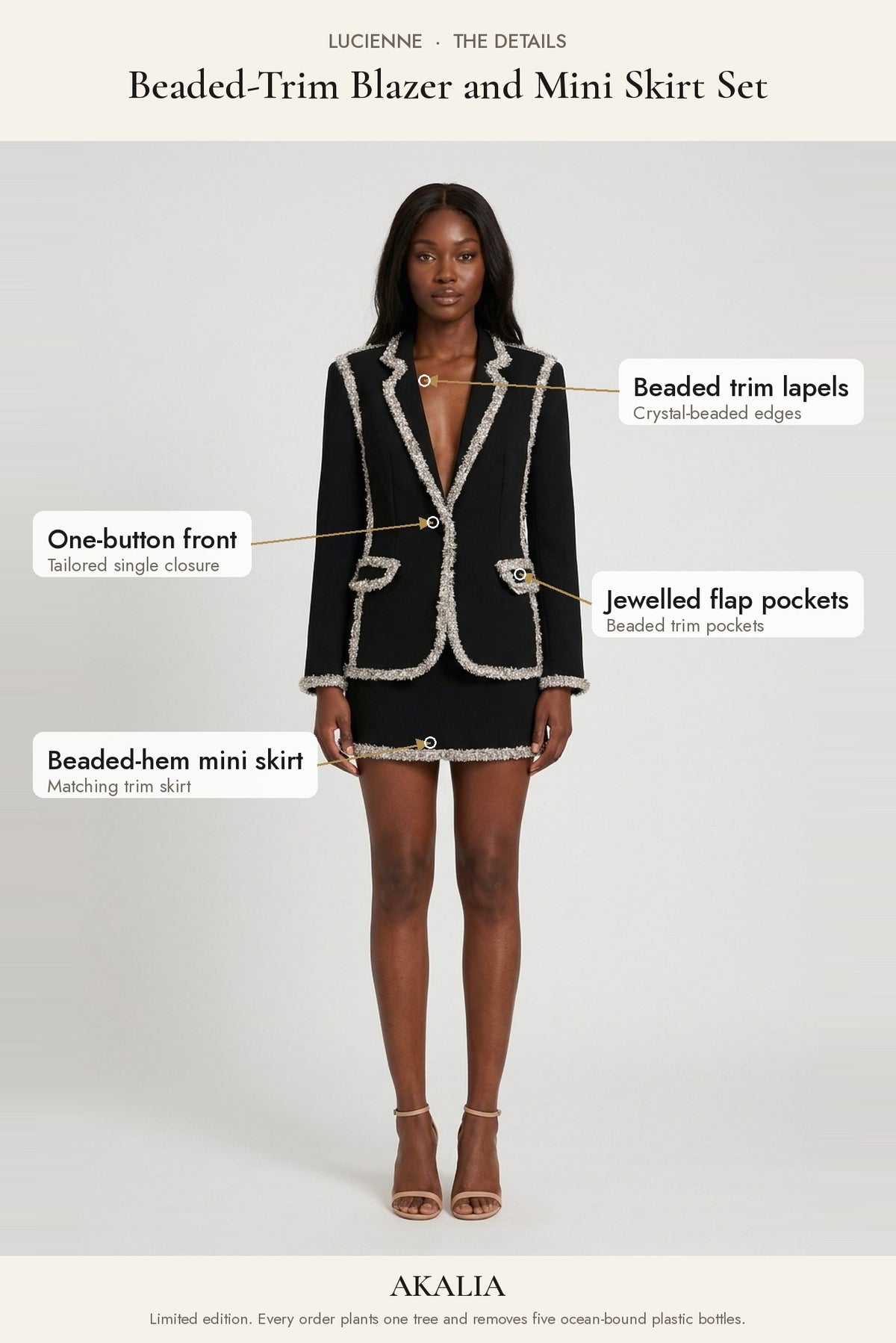 Lucienne Beaded-Trim Blazer and Mini Skirt Set details: beaded trim lapels, jewelled flap pockets, beaded-hem mini skirt - Akalia