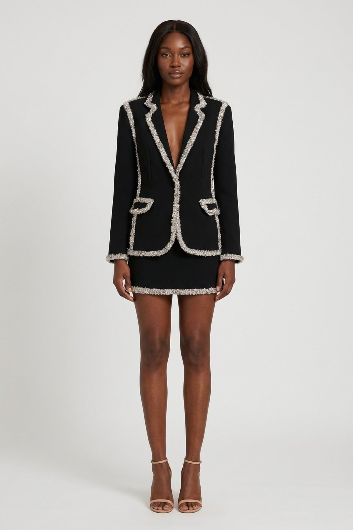 Lucienne Beaded-Trim Blazer and Mini Skirt Set front view - Akalia