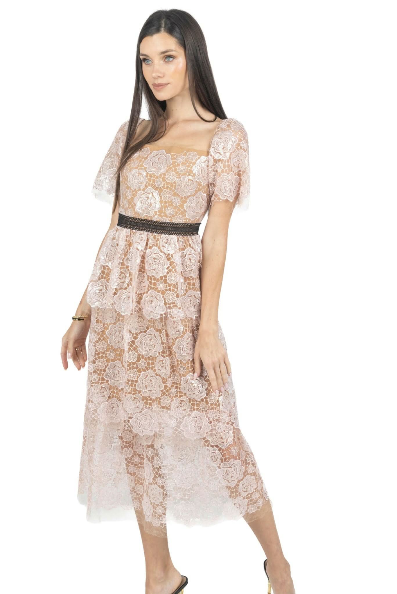 Luna Guipure Lace Embellished Dress in Pink - Akalia