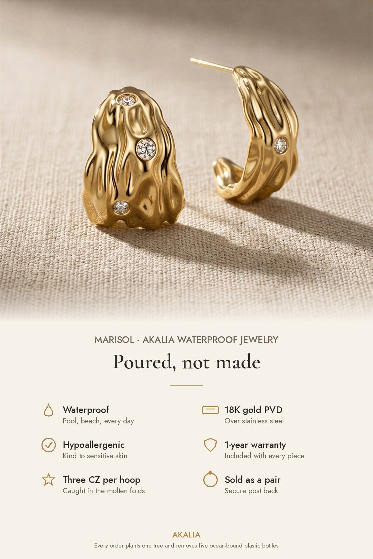 Marisol Waterproof Molten CZ Hoop Earring features: waterproof, 18K gold PVD, hypoallergenic, 1-year warranty
