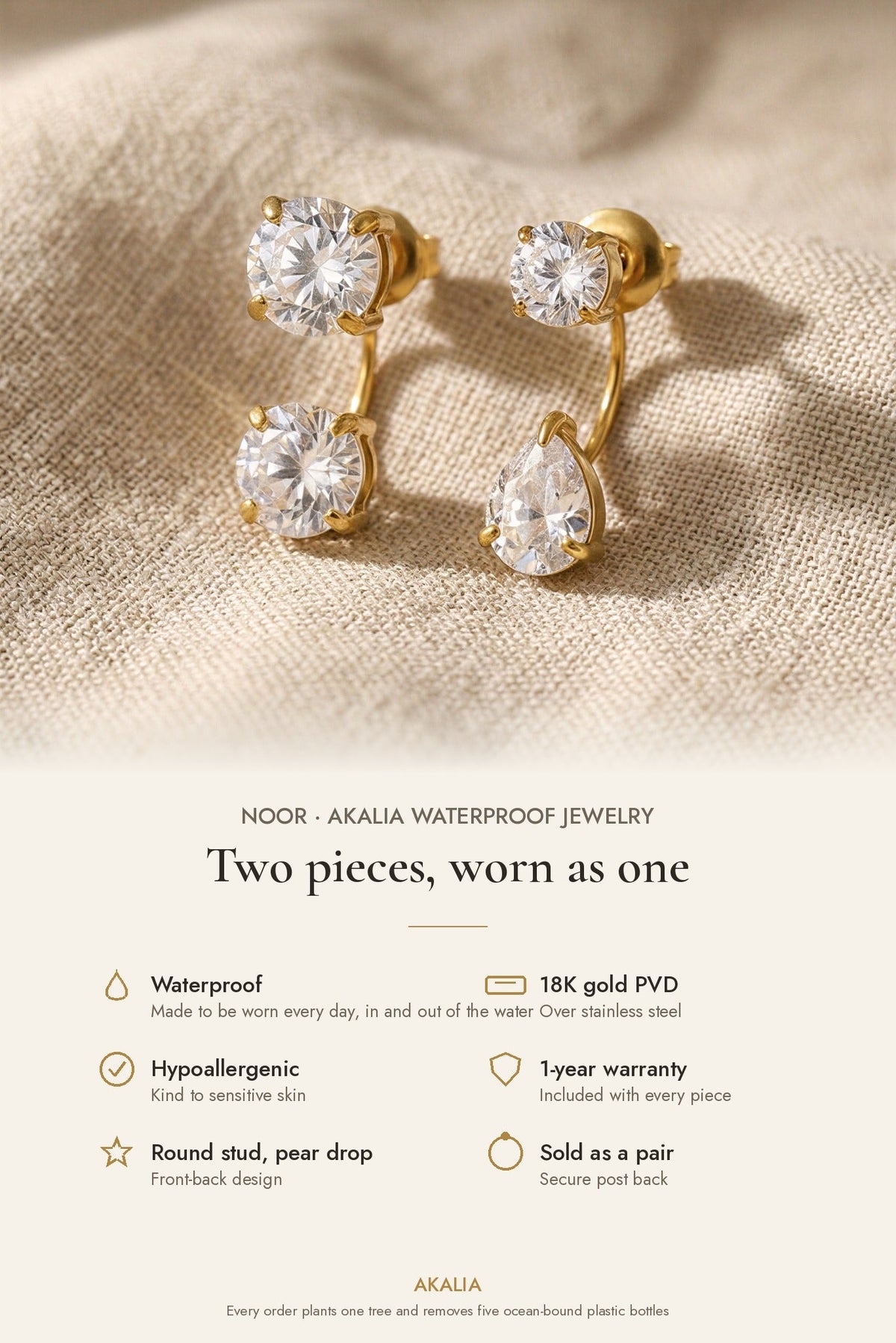 Noor Waterproof Round & Pear CZ Drop Earring features: waterproof, 18K gold PVD, hypoallergenic, 1-year warranty