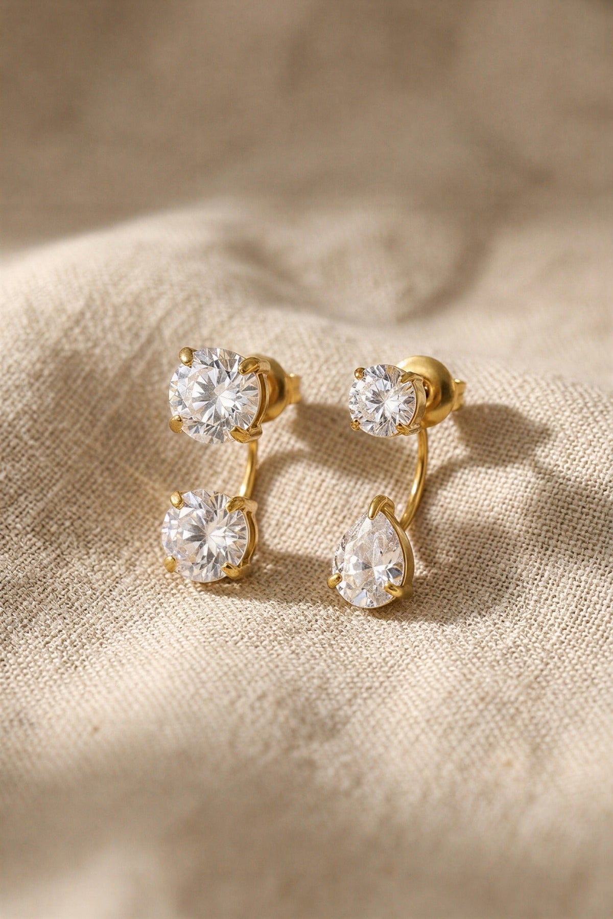 Noor Waterproof Round & Pear CZ Drop Earring close-up detail – 18K gold PVD over stainless steel