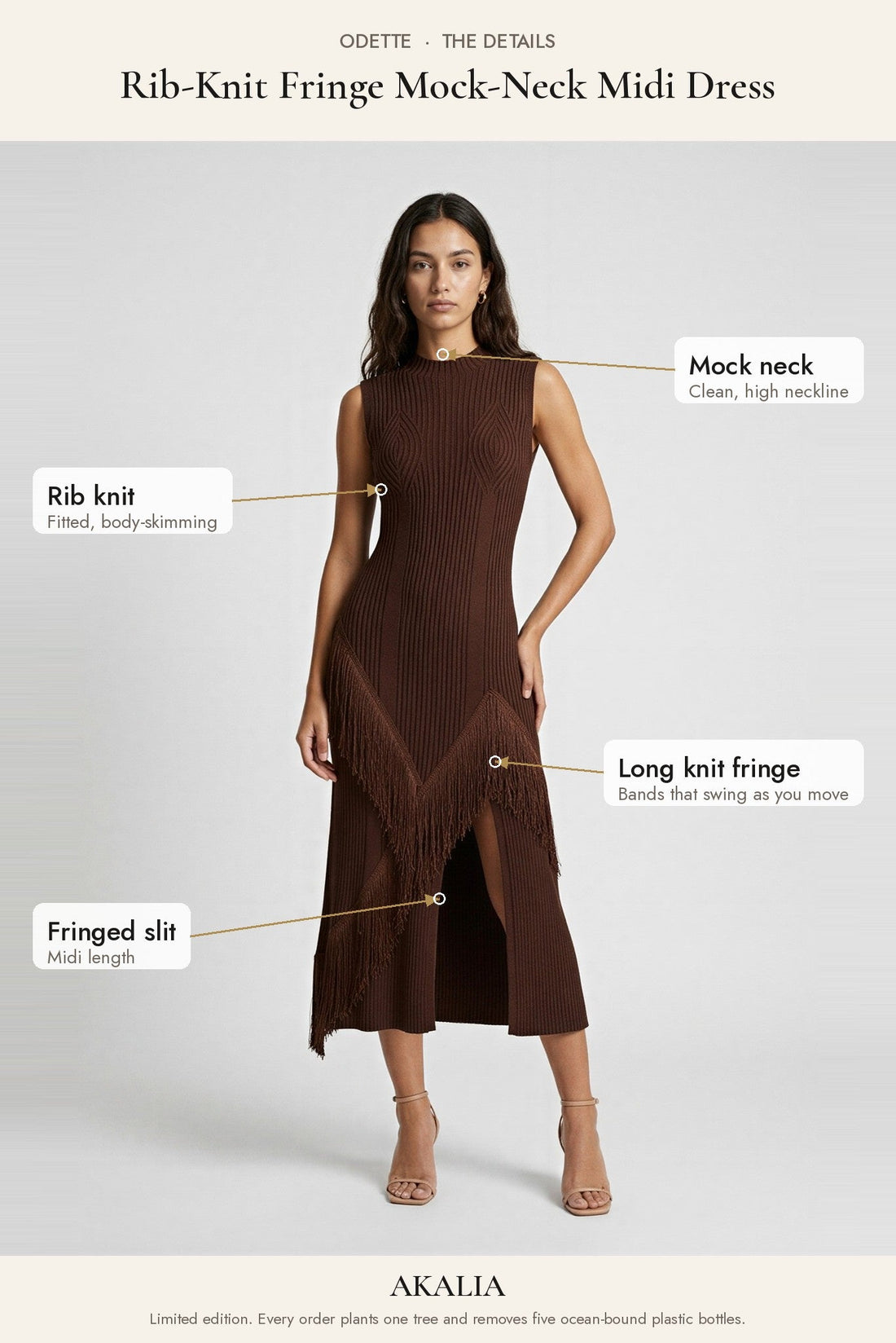 Odette Rib-Knit Fringe Mock-Neck Midi Dress - Akalia