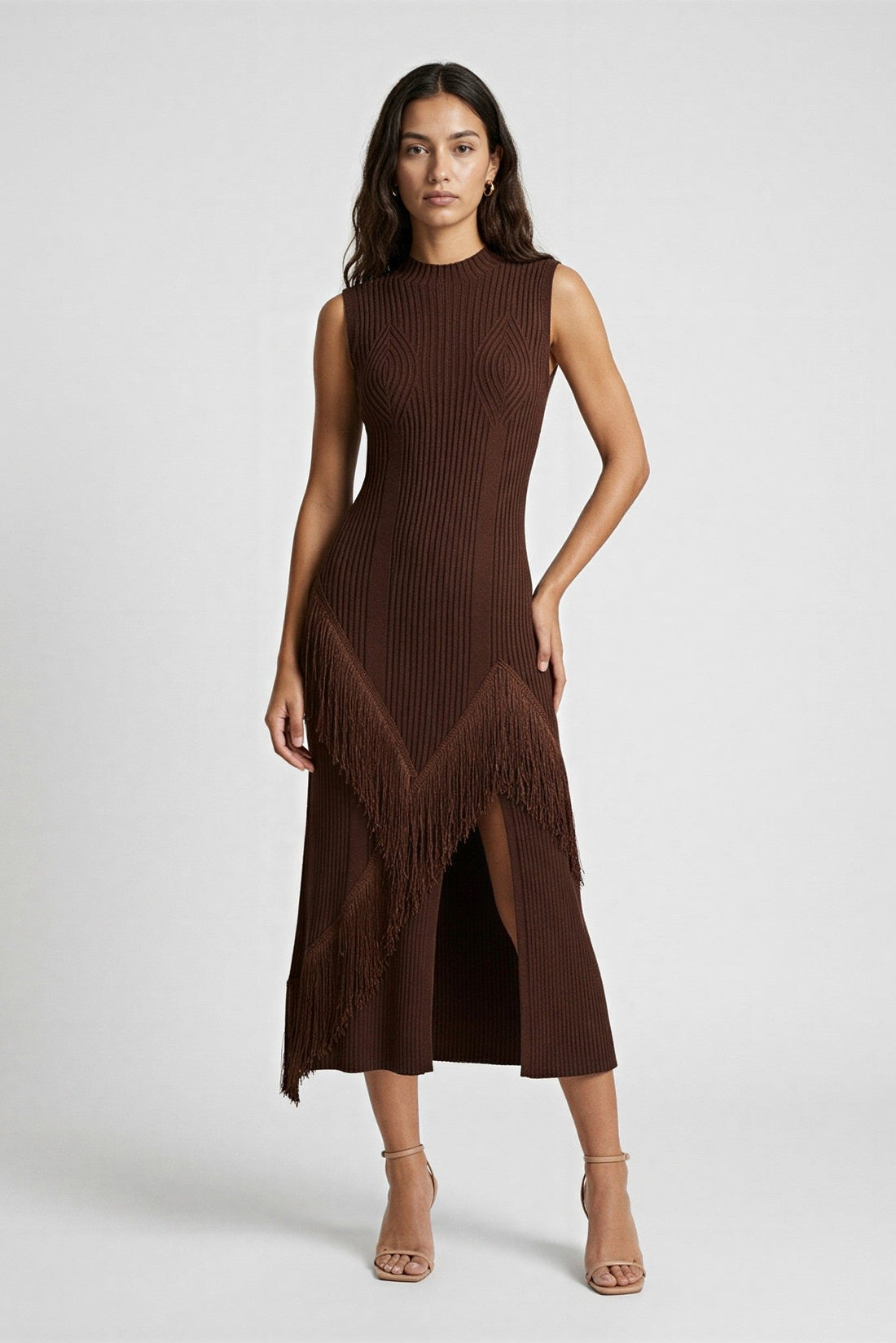 Odette Rib-Knit Fringe Mock-Neck Midi Dress - Akalia