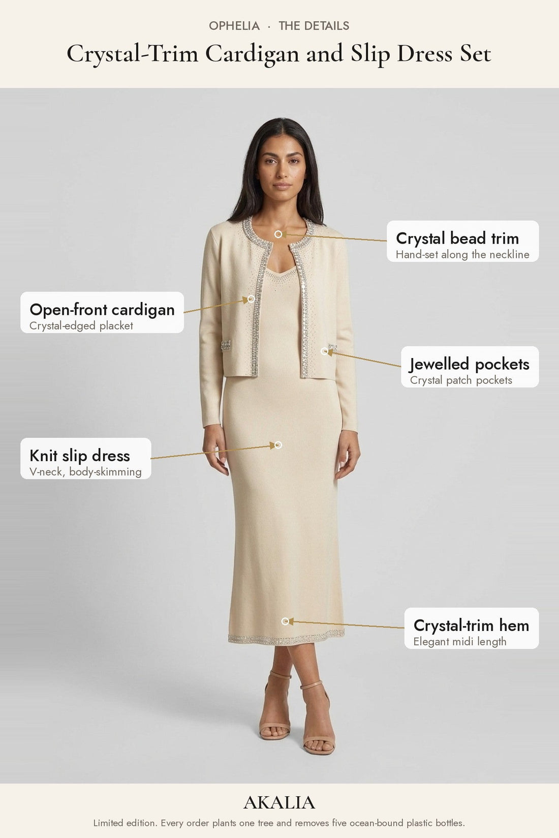 Ophelia Crystal-Trim Cardigan and Slip Dress Set - Akalia