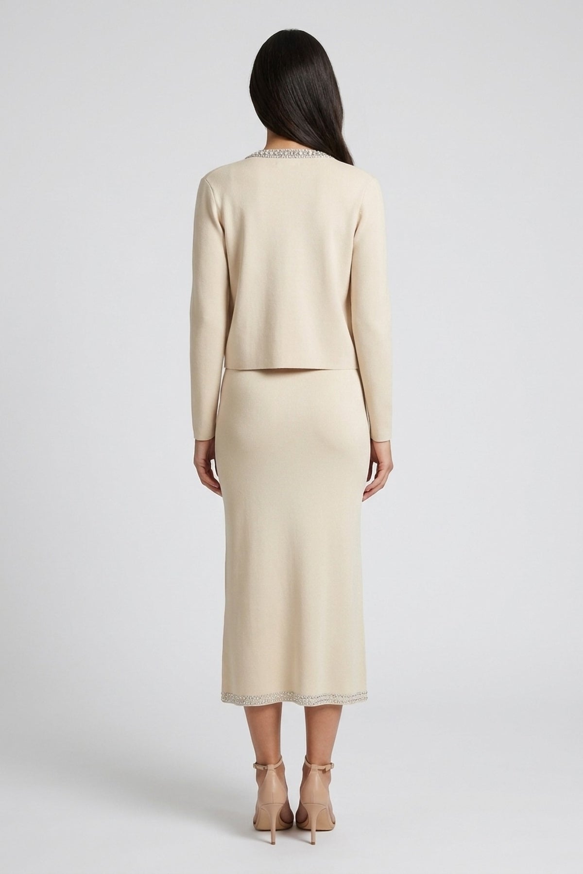 Ophelia Crystal-Trim Cardigan and Slip Dress Set back view - Akalia