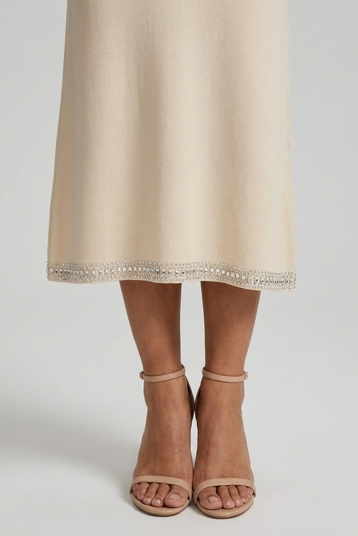 Ophelia Crystal-Trim Cardigan and Slip Dress Set close-up of the crystal-trim midi hem - Akalia