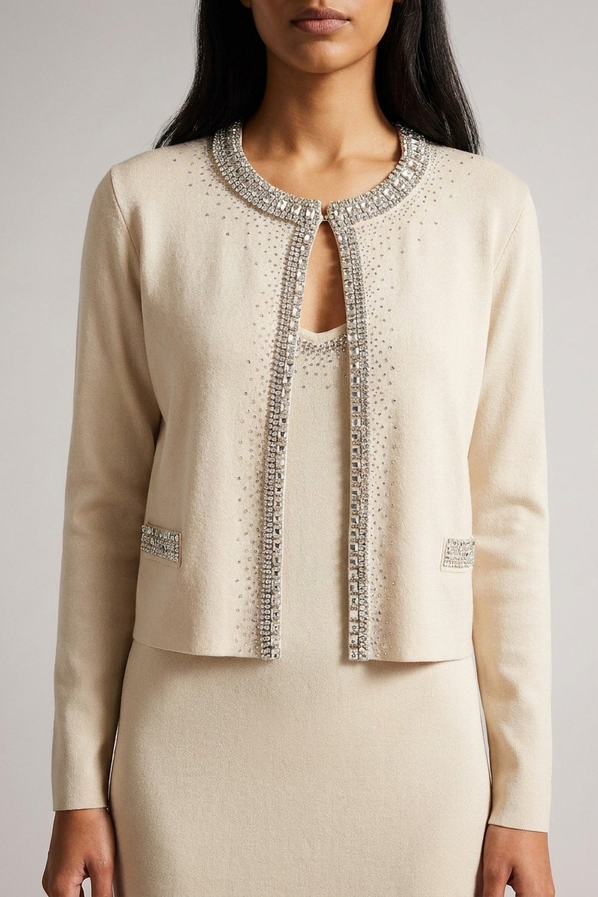 Ophelia Crystal-Trim Cardigan and Slip Dress Set close-up of the crystal-trim cardigan - Akalia