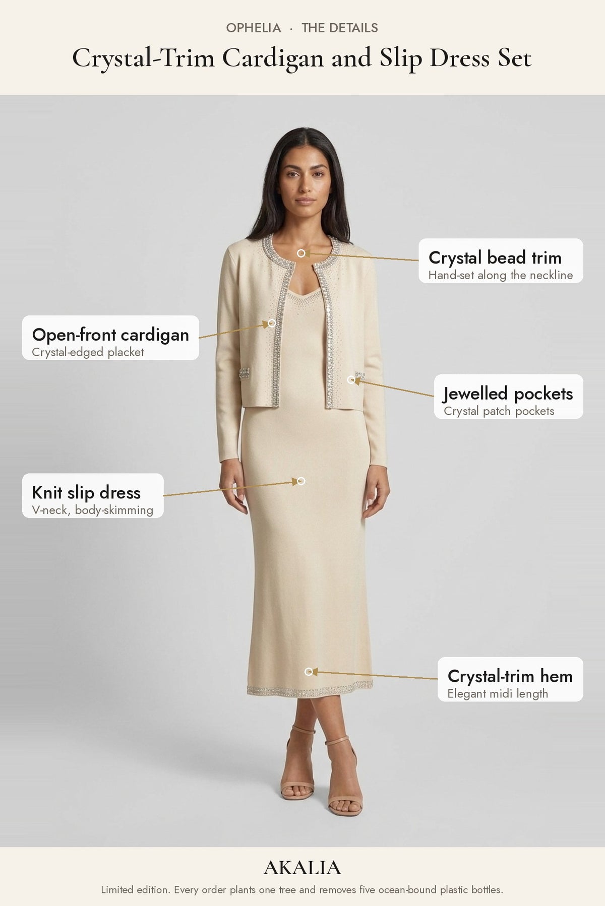 Ophelia Crystal-Trim Cardigan and Slip Dress Set details: crystal bead trim, jewelled pockets, crystal-trim hem - Akalia