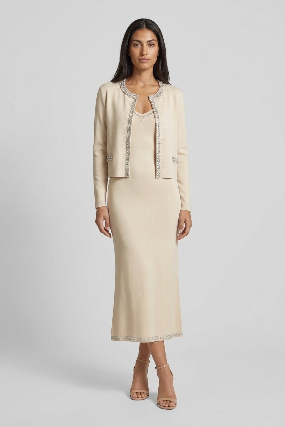 Ophelia Crystal-Trim Cardigan and Slip Dress Set front view - Akalia