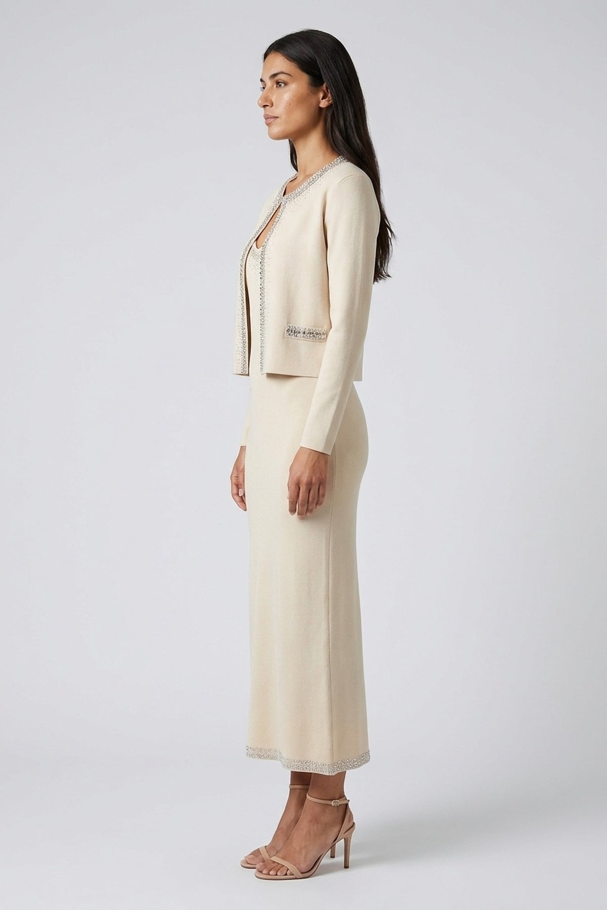 Ophelia Crystal-Trim Cardigan and Slip Dress Set side view - Akalia