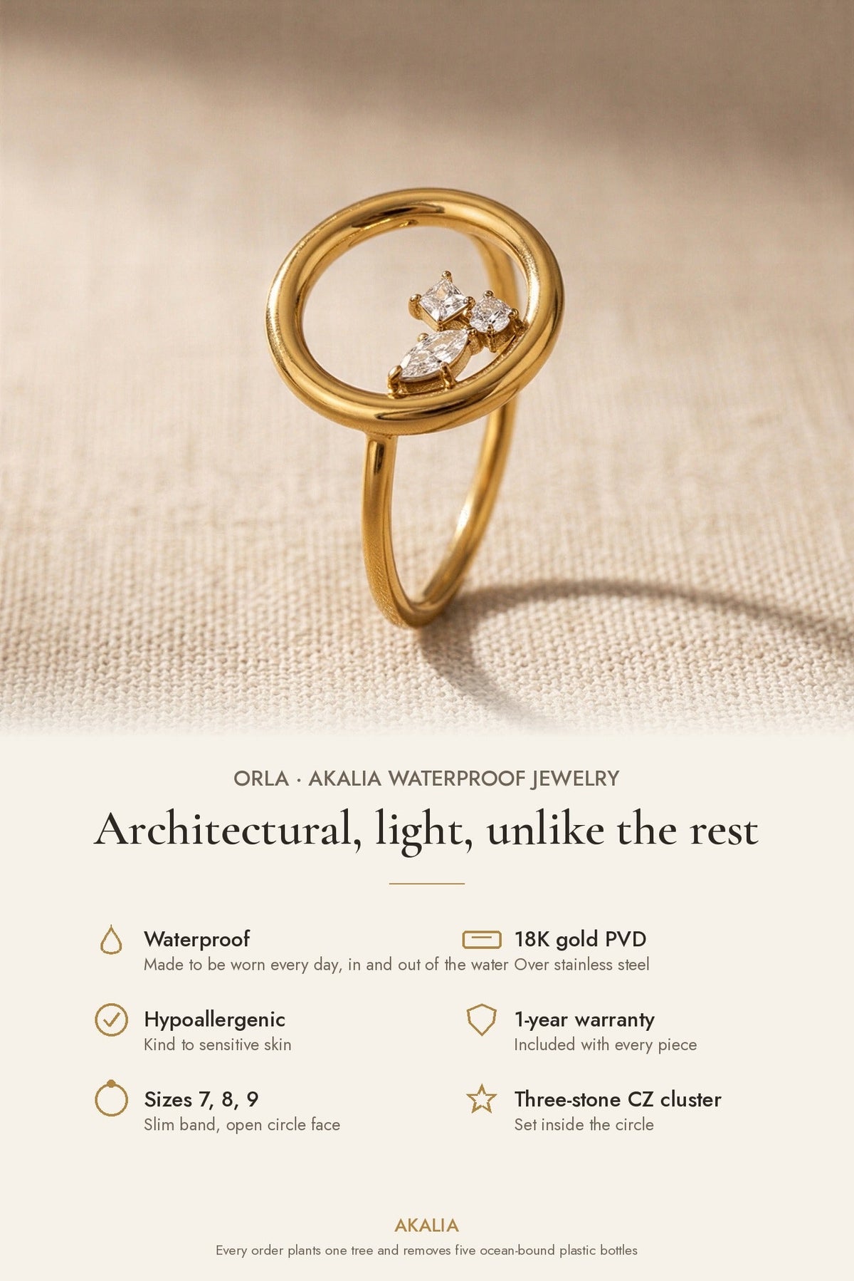 Orla Waterproof Open Circle CZ Ring features: waterproof, 18K gold PVD, hypoallergenic, 1-year warranty
