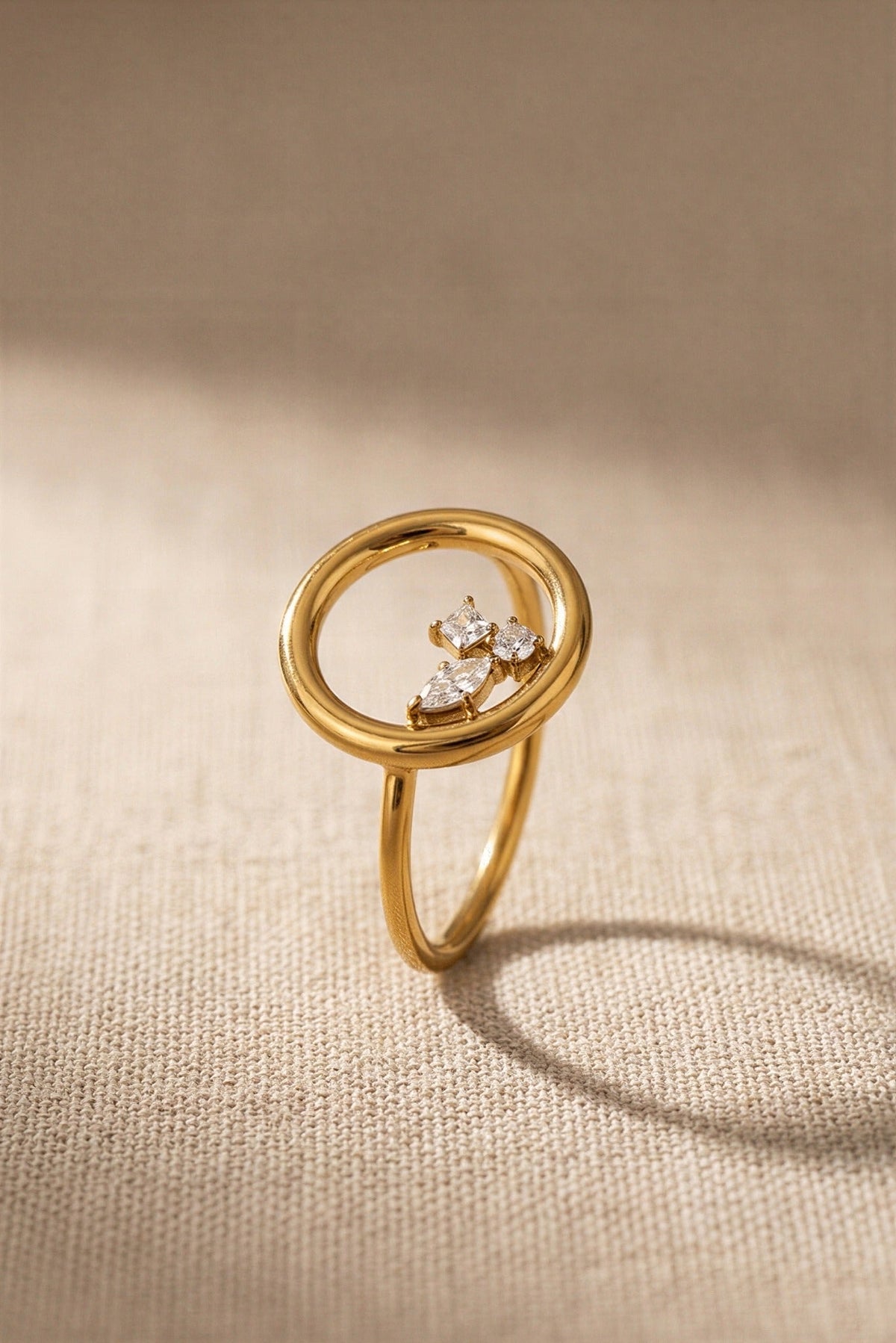 Orla Waterproof Open Circle CZ Ring close-up detail – 18K gold PVD over stainless steel