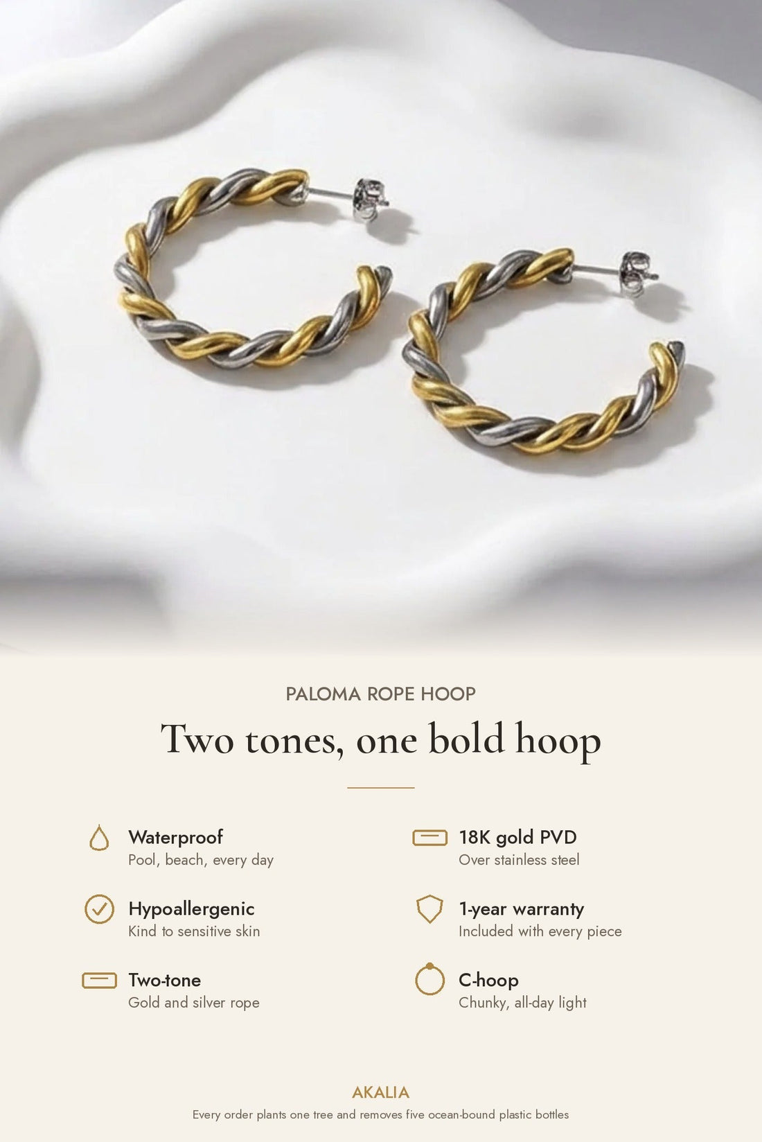 Paloma Waterproof Two - Tone Chunky Rope Hoop Earring - Akalia