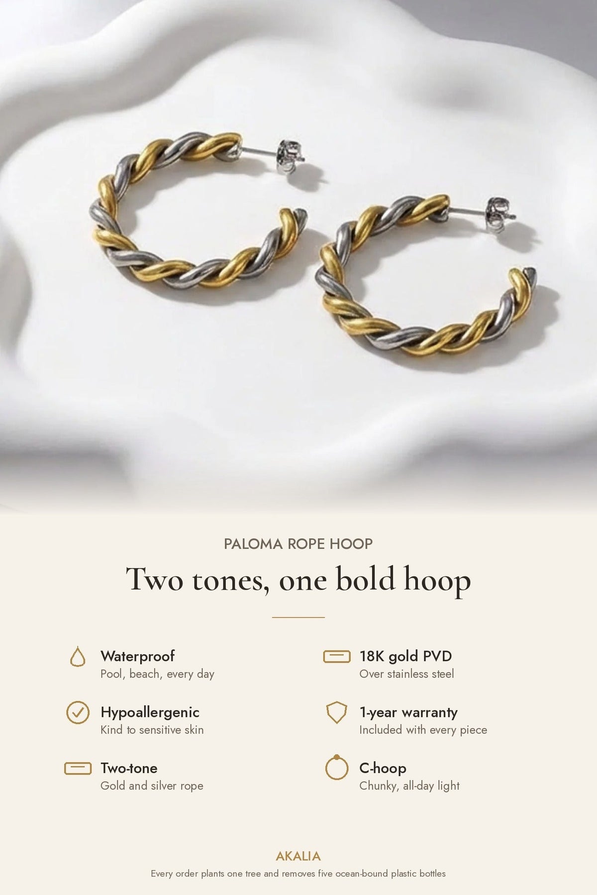 Paloma Waterproof Two-Tone Chunky Rope Hoop Earring - Akalia