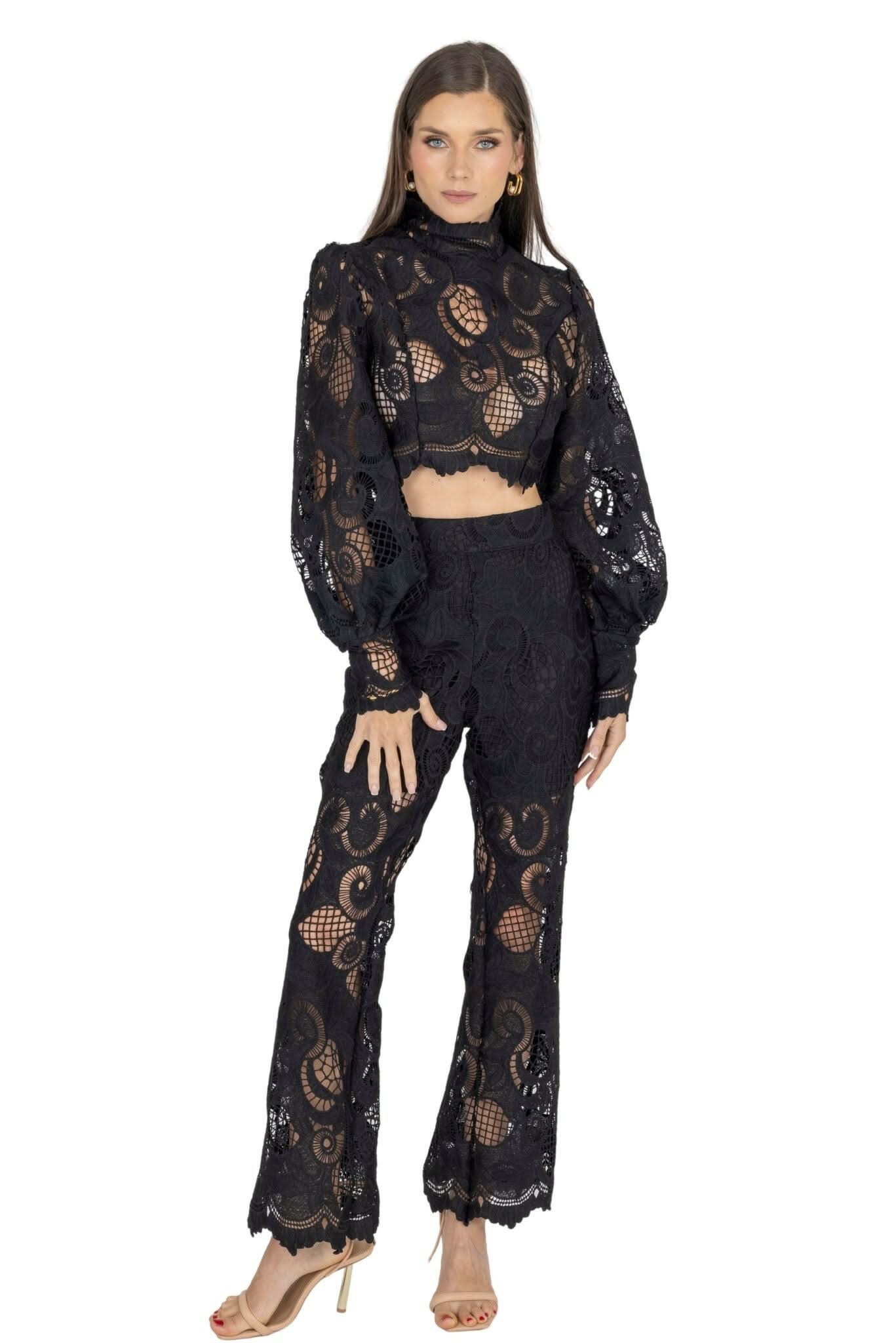 Rebecca Guipure Lace Top & Pant Set In Black - Akalia