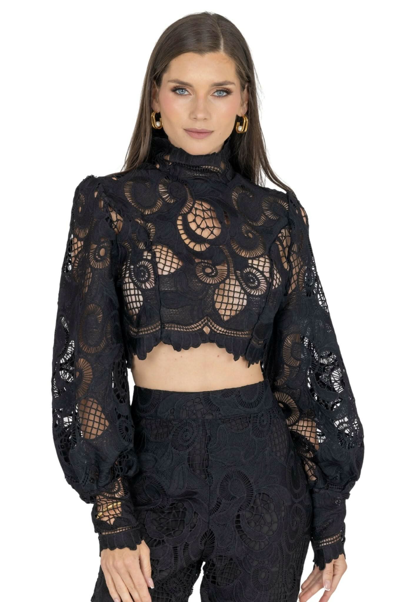 Rebecca Guipure Lace Top & Pant Set In Black - Akalia