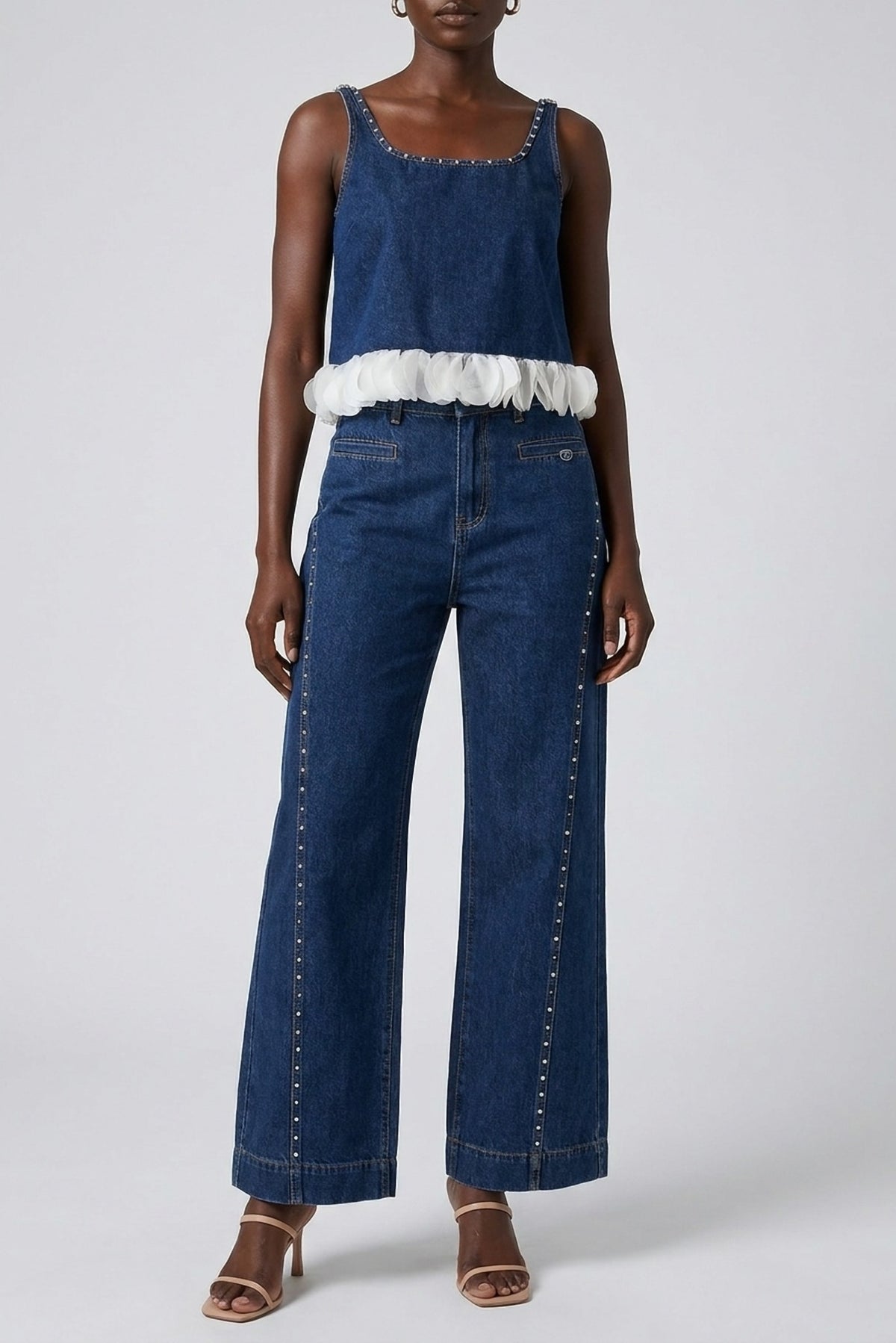 Rosalie Denim Cami and Wide-Leg Jean Set close-up of the studded wide-leg jean - Akalia