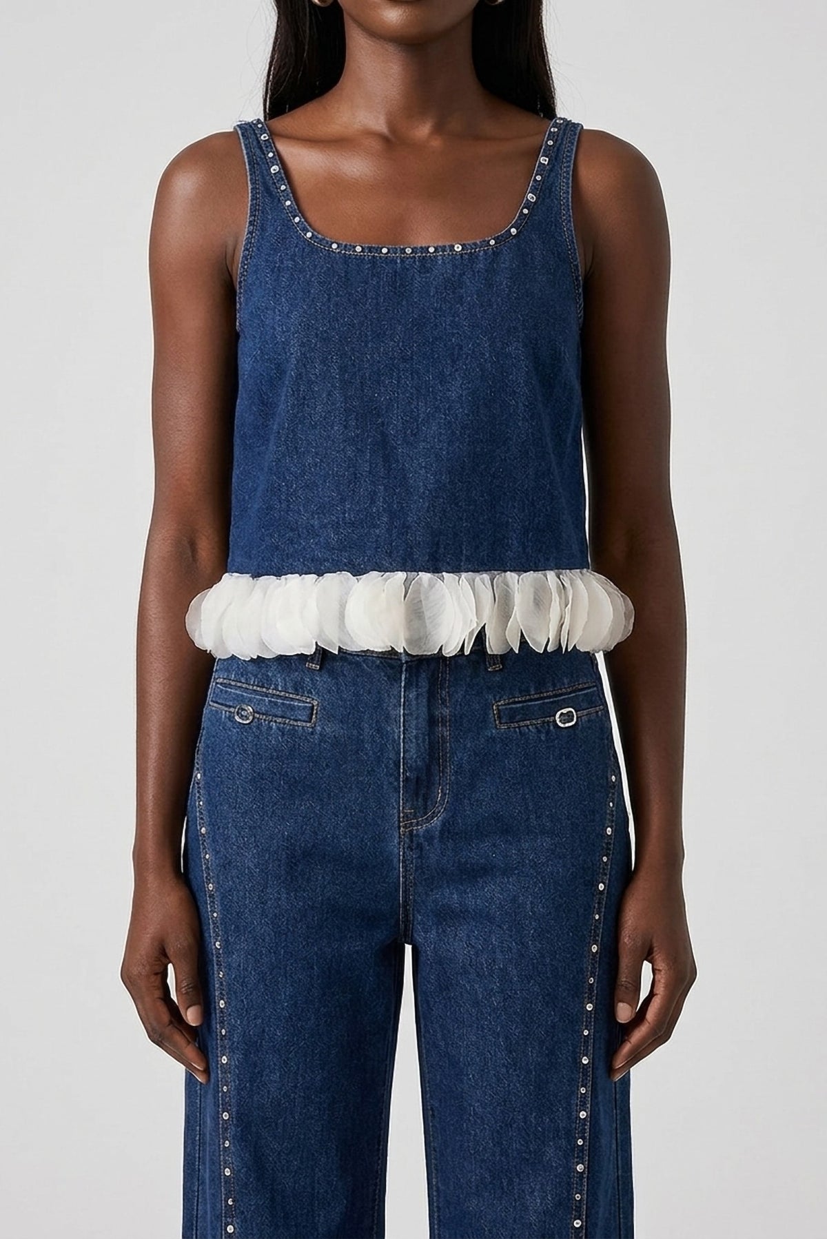 Rosalie Denim Cami and Wide-Leg Jean Set close-up of the denim cami and petal trim - Akalia