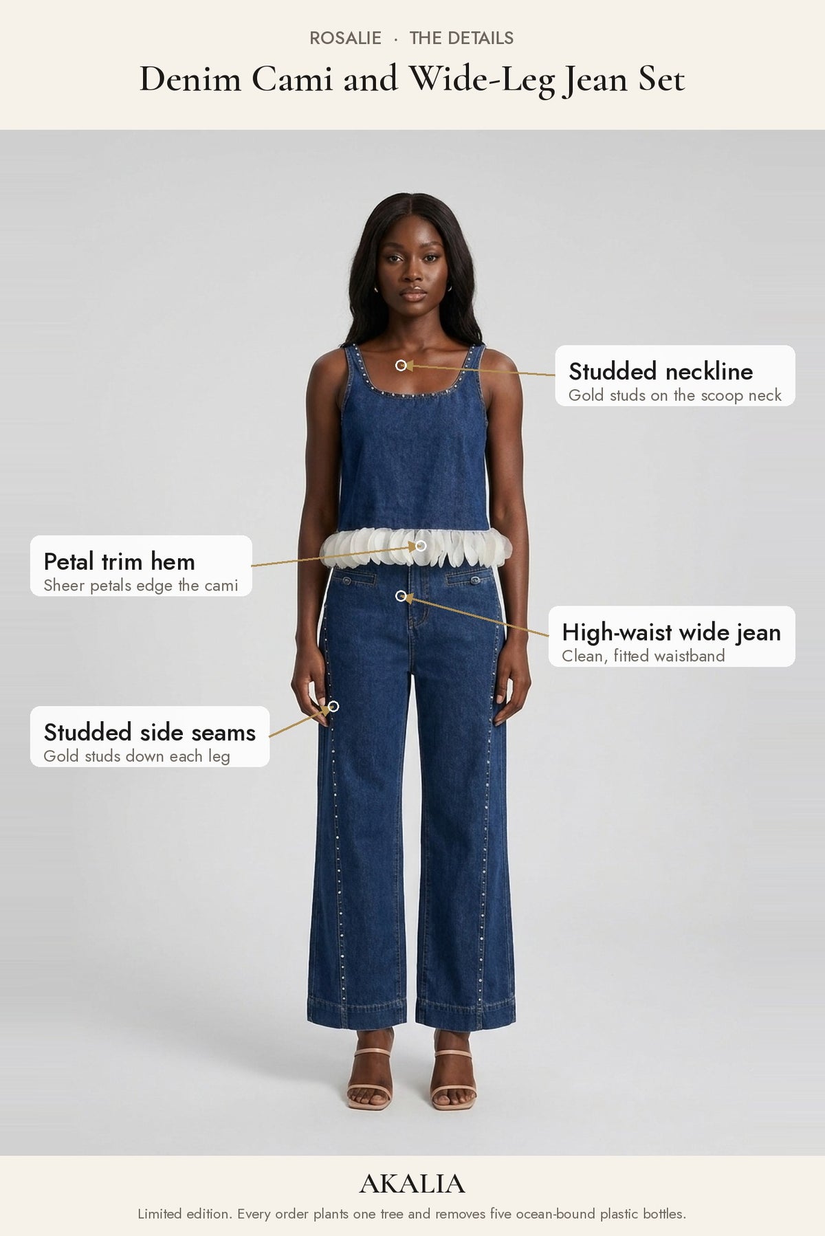 Rosalie Denim Cami and Wide-Leg Jean Set details: studded neckline, petal trim hem, high-waist wide jean - Akalia