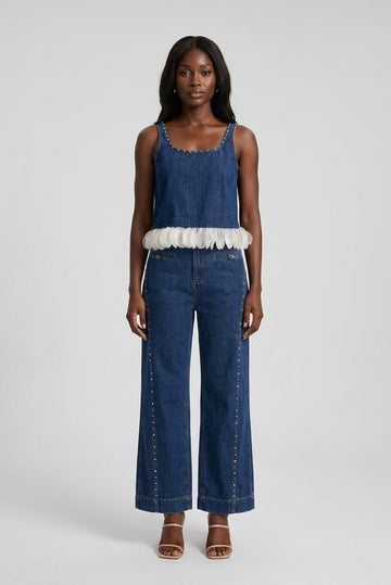 Rosalie Denim Cami and Wide-Leg Jean Set front view - Akalia