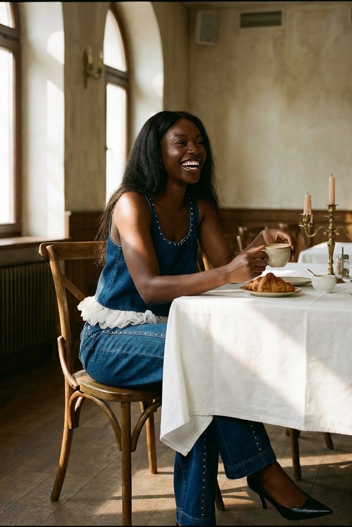 Rosalie Denim Cami and Wide-Leg Jean Set worn by candlelight - The Candlelight Edit - Akalia