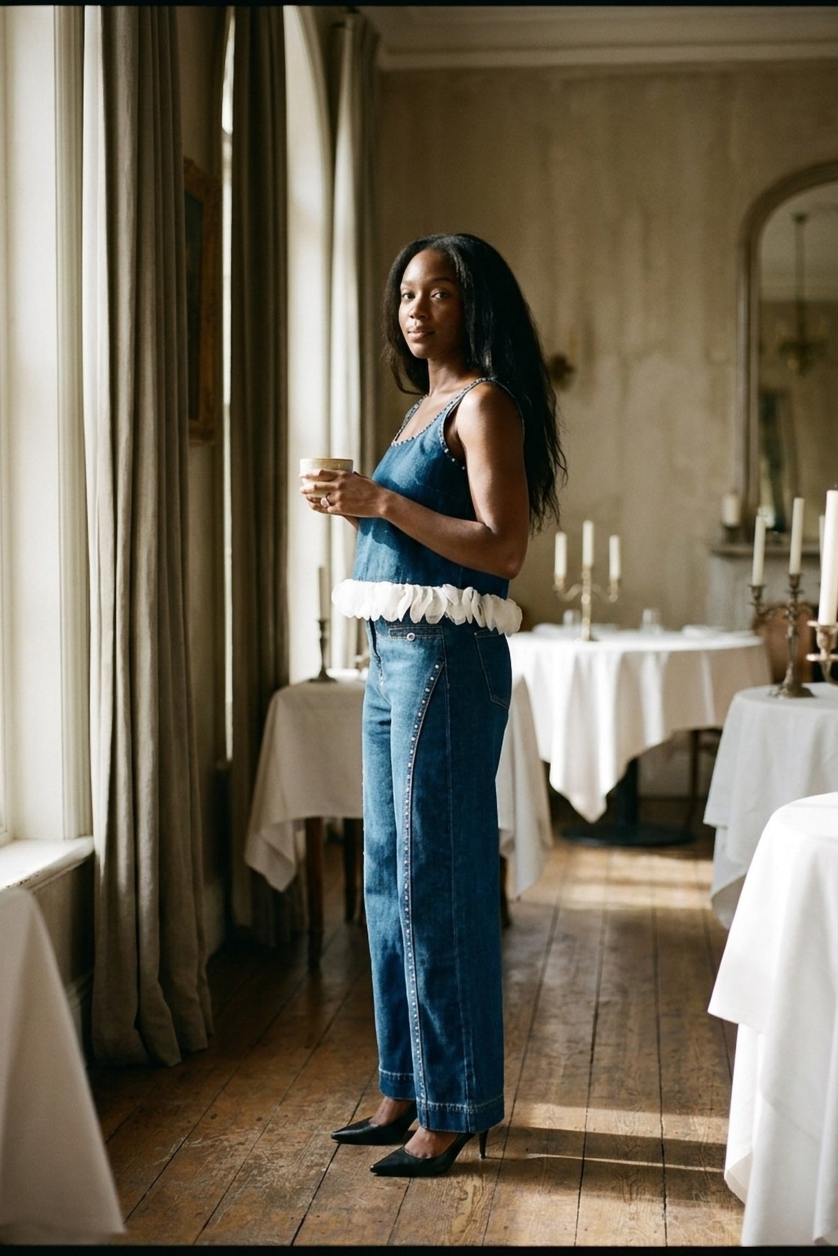 Rosalie Denim Cami and Wide-Leg Jean Set styled for a night out - The Candlelight Edit - Akalia