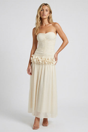 Seraphine Strapless Ruffle Drop-Waist Maxi Dress front view - Akalia