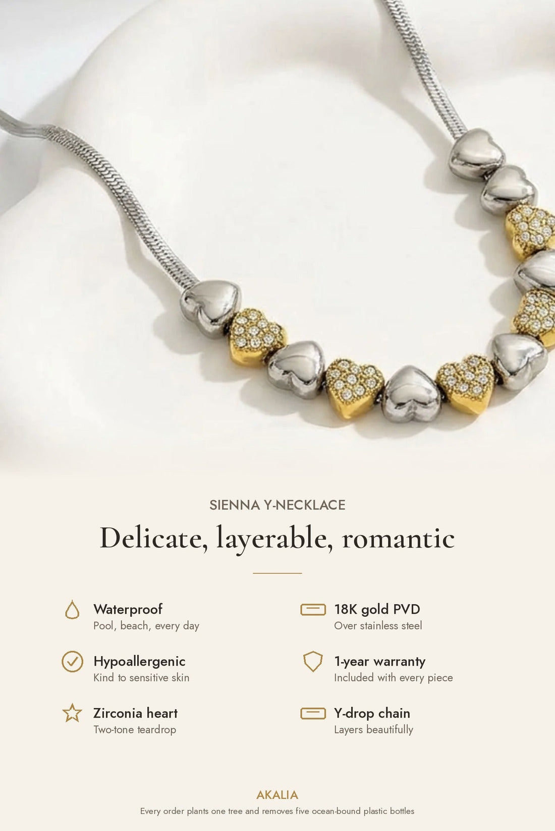 Sienna Waterproof Heart Teardrop Y - Necklace Two Tone - Akalia