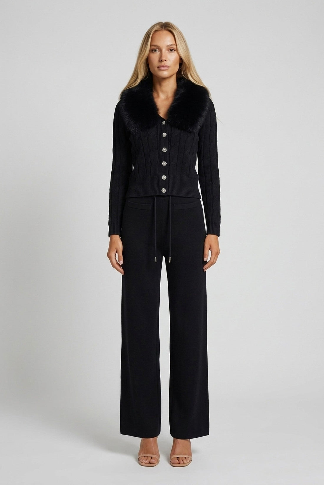 Vivienne Fur-Collar Knit Cardigan and Wide-Leg Pant Set - Akalia