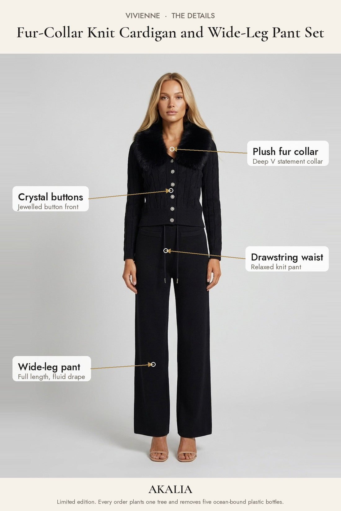 Vivienne Fur-Collar Knit Cardigan and Wide-Leg Pant Set - Akalia