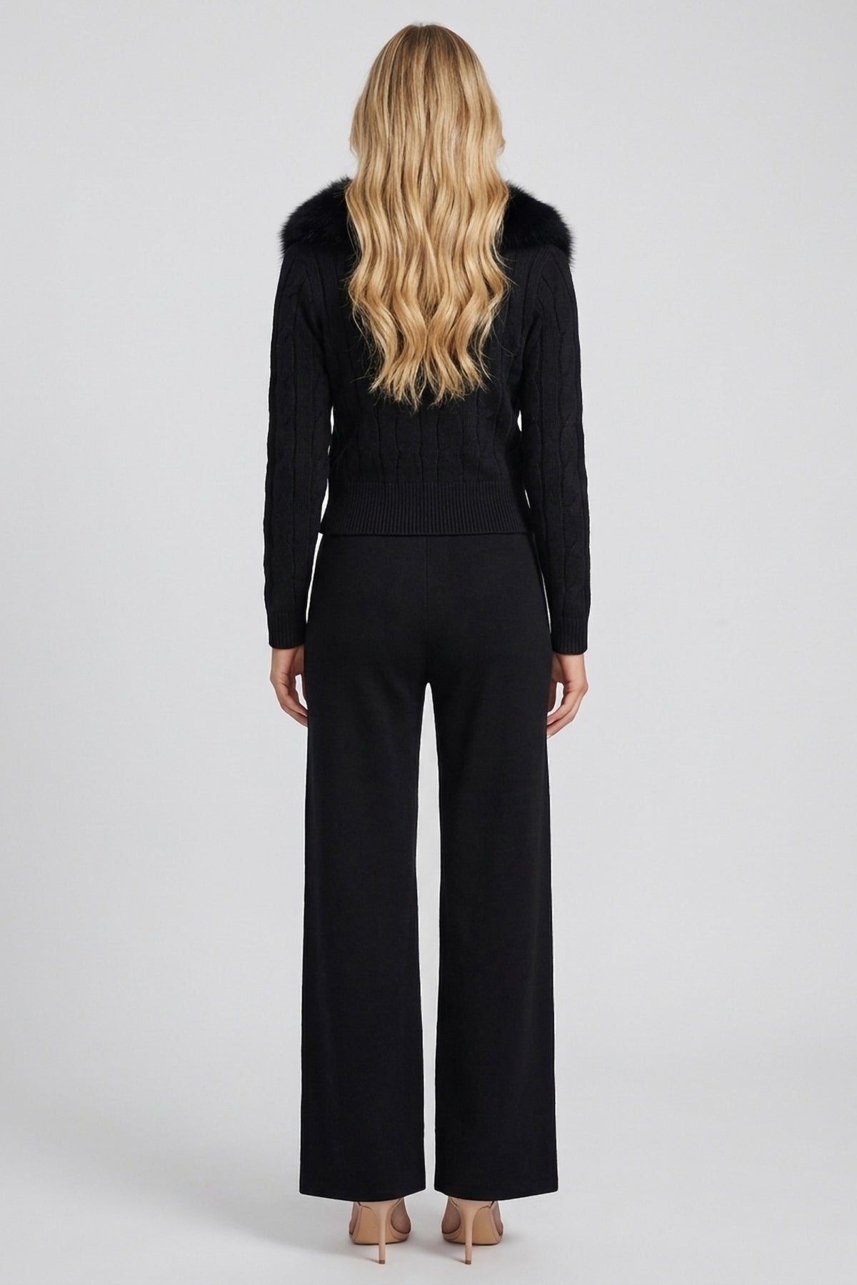 Vivienne Fur-Collar Knit Cardigan and Wide-Leg Pant Set back view - Akalia