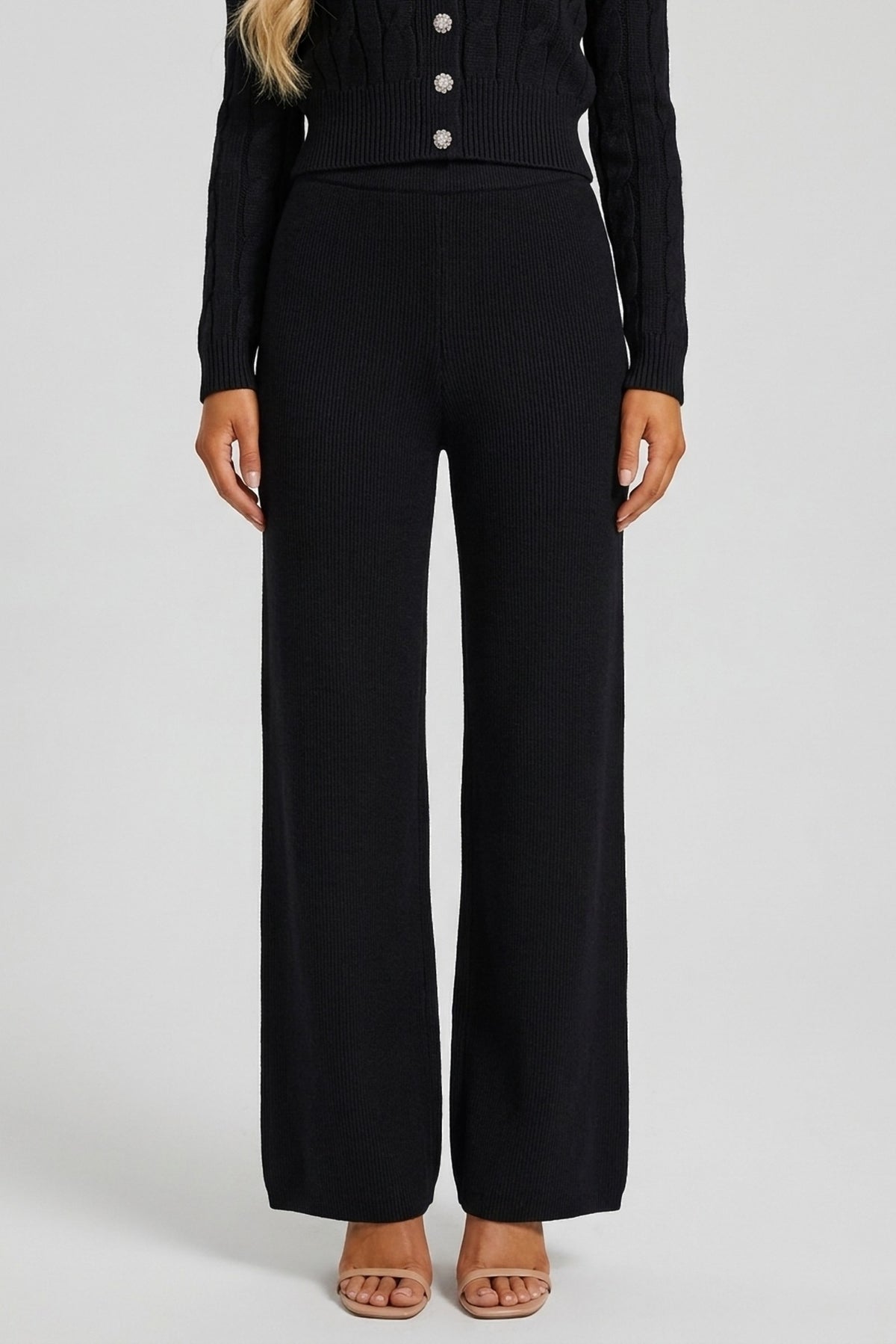 Vivienne Fur-Collar Knit Cardigan and Wide-Leg Pant Set close-up of the wide-leg pant - Akalia