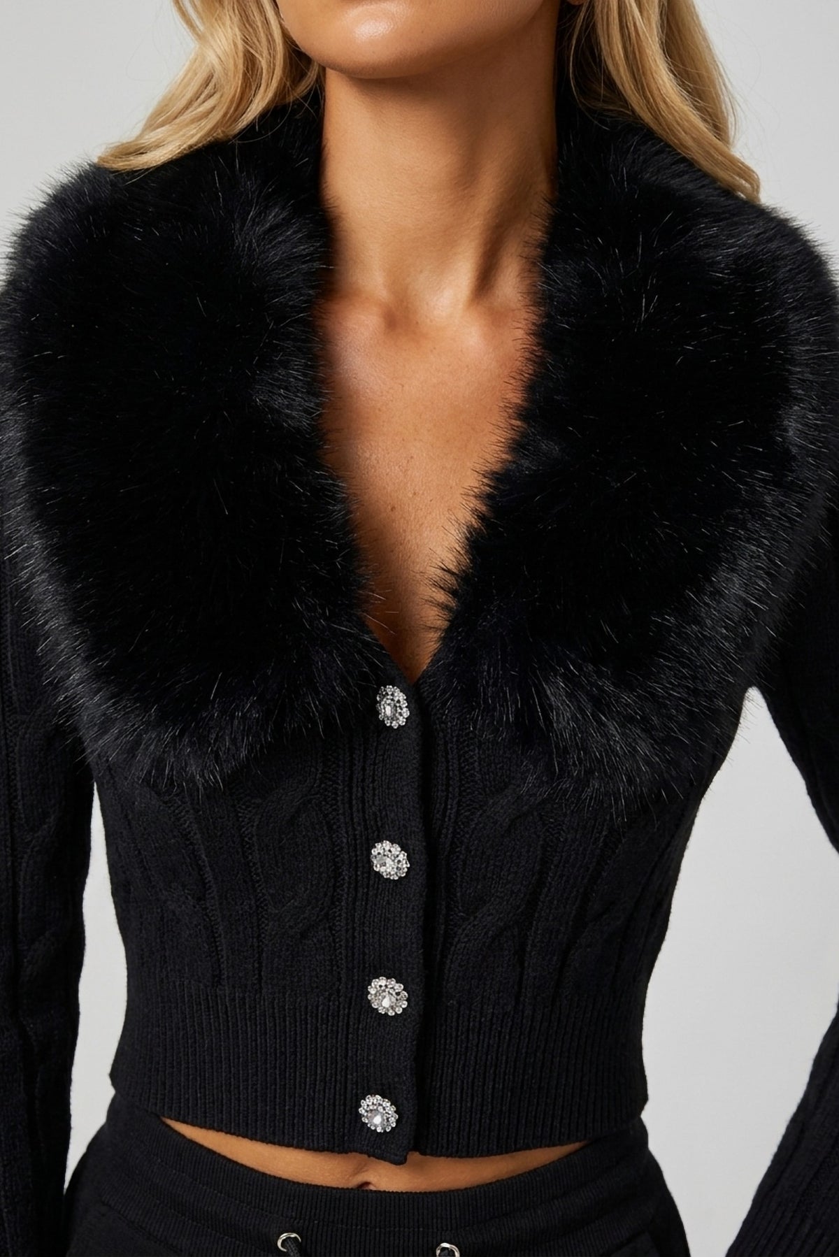 Vivienne Fur-Collar Knit Cardigan and Wide-Leg Pant Set close-up of the fur collar and crystal buttons - Akalia