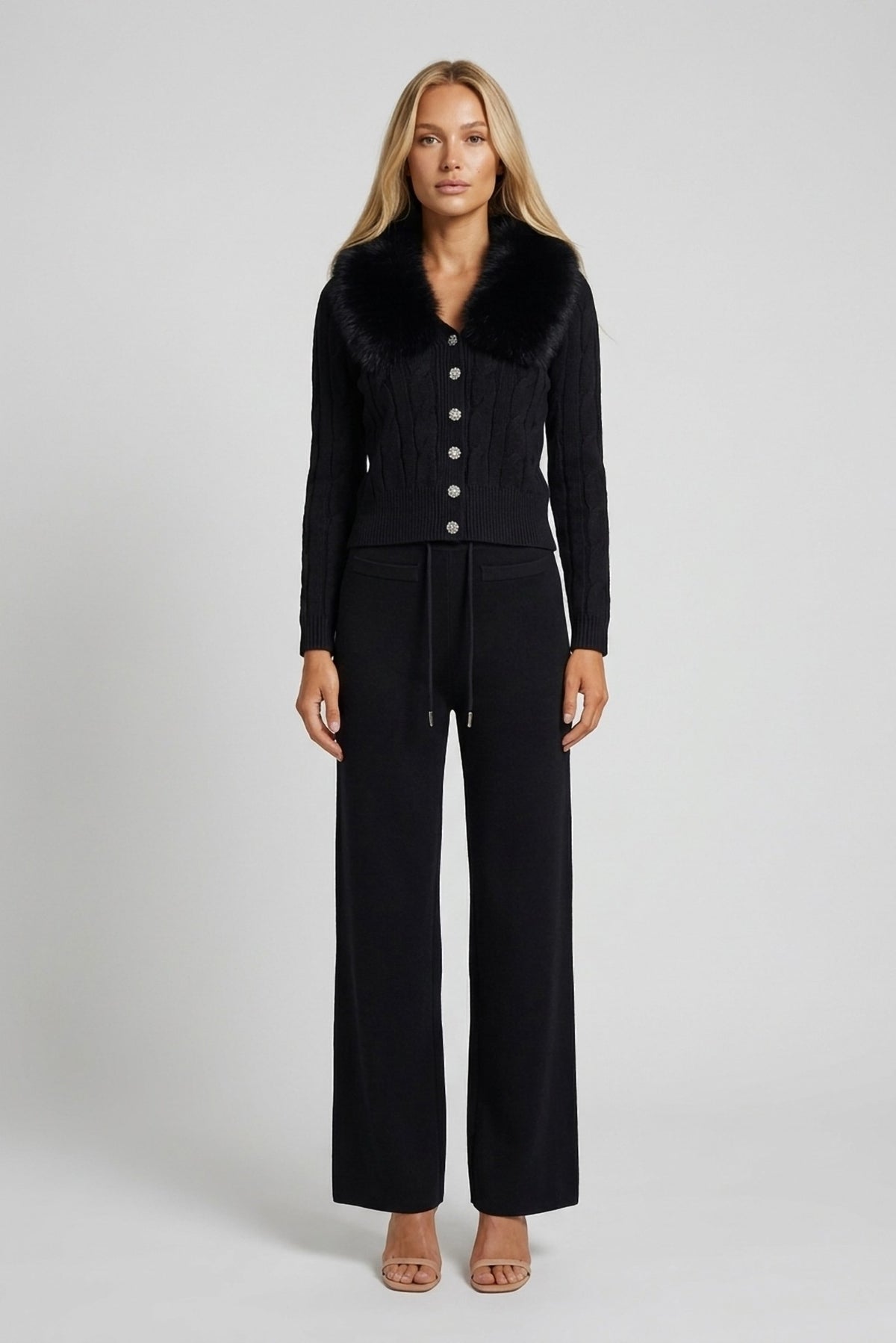 Vivienne Fur-Collar Knit Cardigan and Wide-Leg Pant Set front view - Akalia