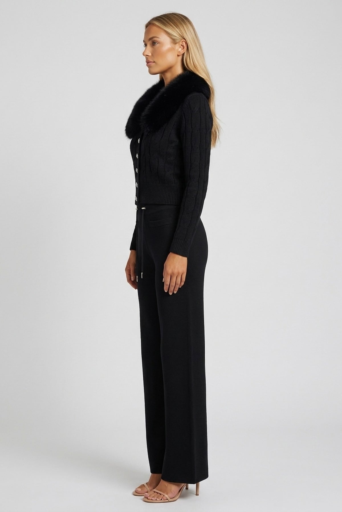 Vivienne Fur-Collar Knit Cardigan and Wide-Leg Pant Set side view - Akalia