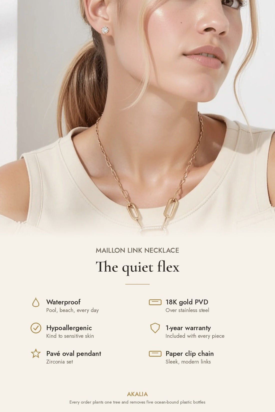 Waterproof 18K Gold and Diamond Maillon Link Necklace - Akalia