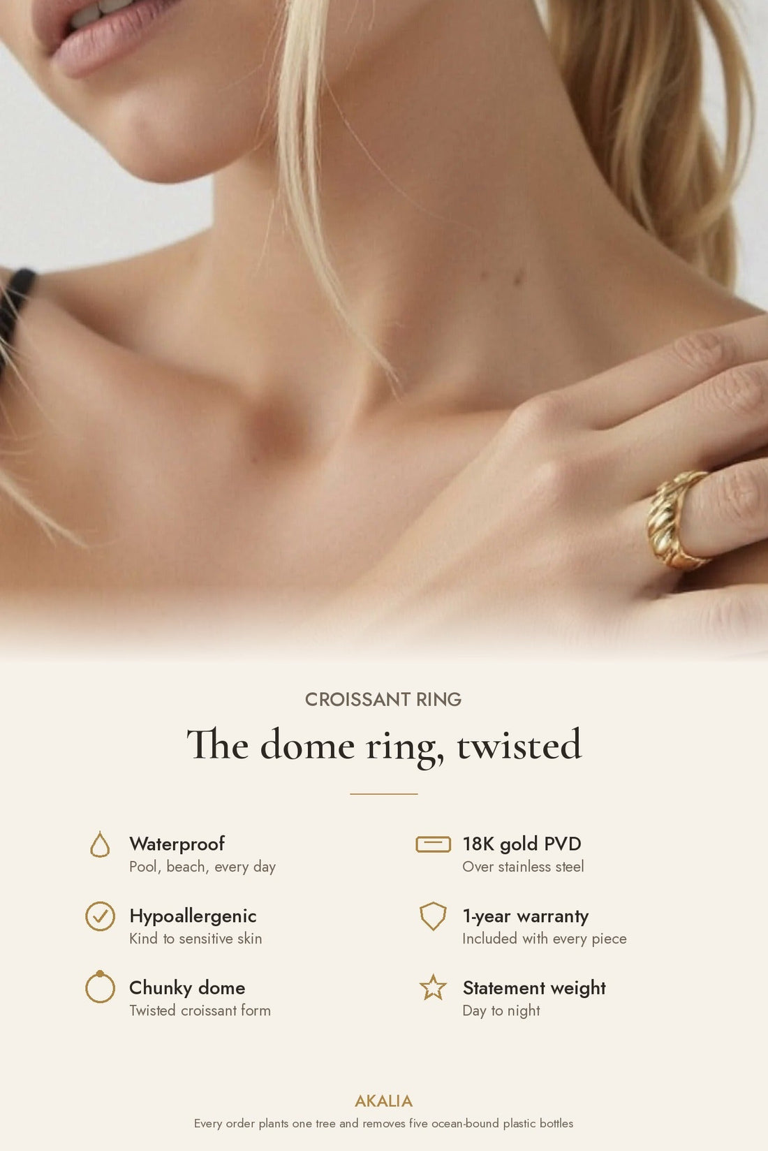 Waterproof 18K Gold - Plated Croissant Ring - Akalia