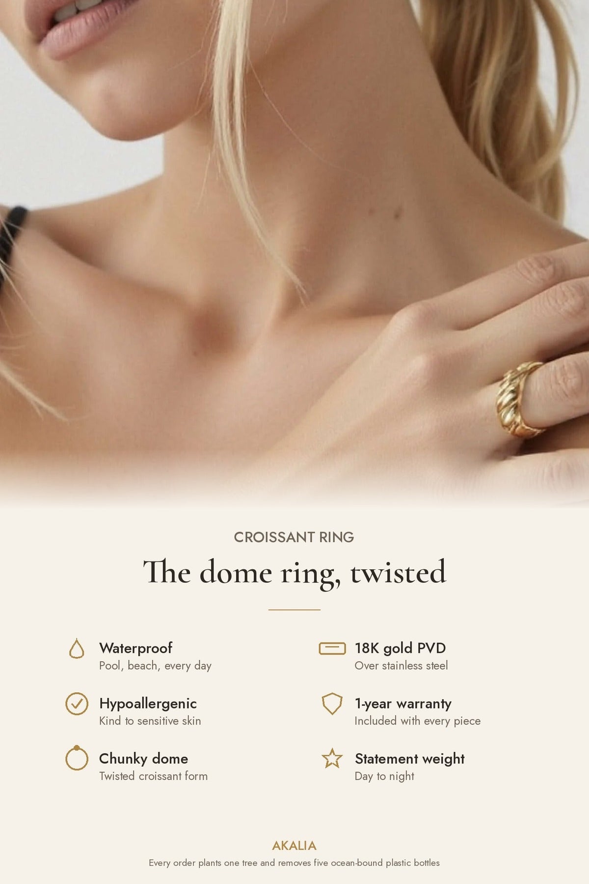 Waterproof 18K Gold-Plated Croissant Ring - Akalia