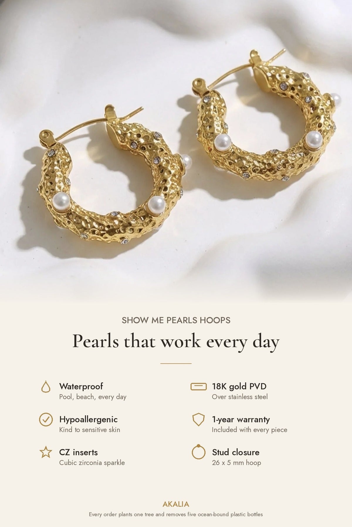 Waterproof Show Me Pearls Hoop Earrings Gold Plated - Akalia