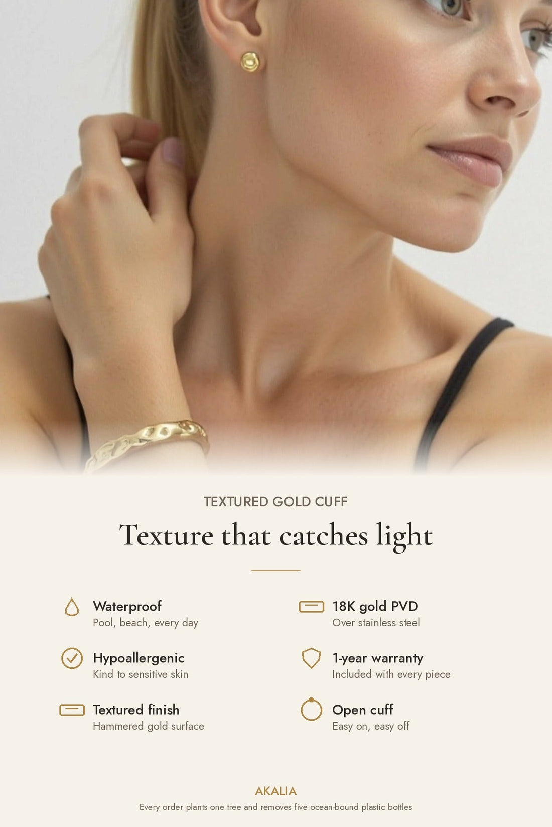 Waterproof Textured Gold Cuff Bracelet - Akalia
